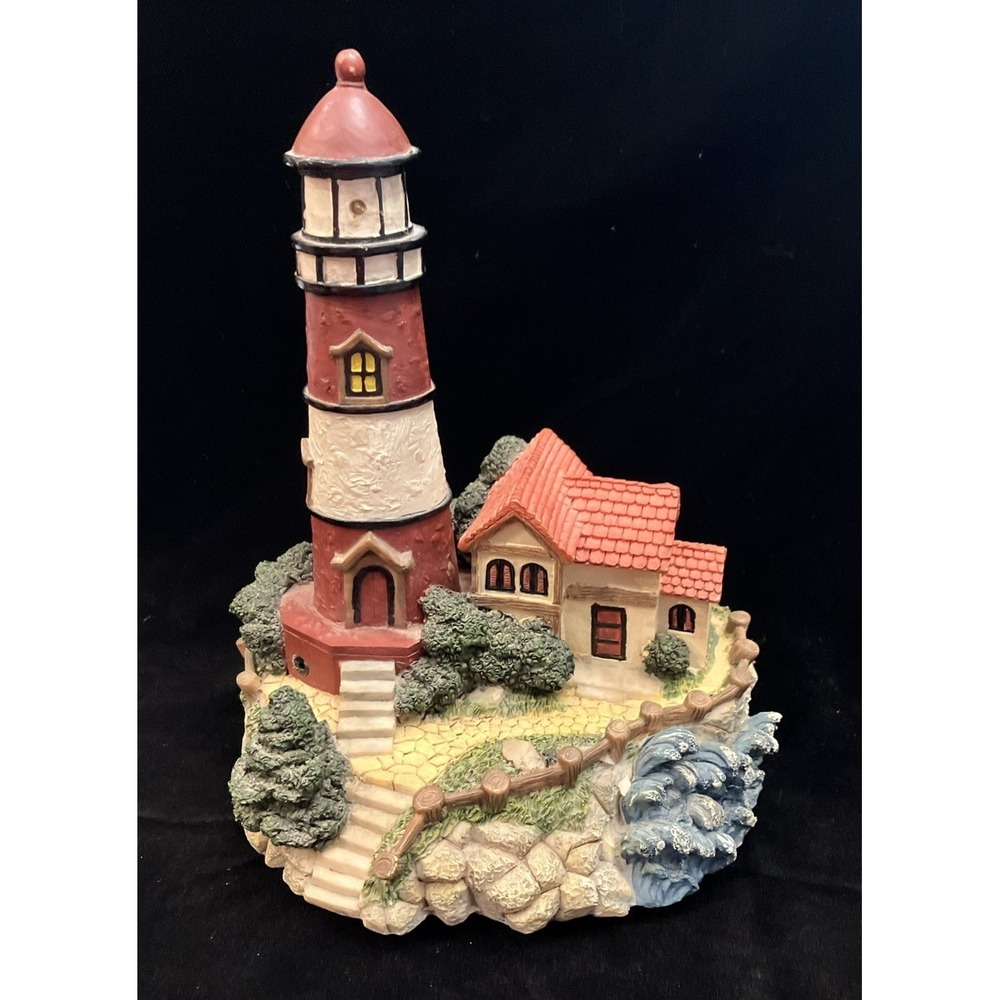 Lighthouse Statue Coastal Beach House Decor Nautical Waves Resin 9in